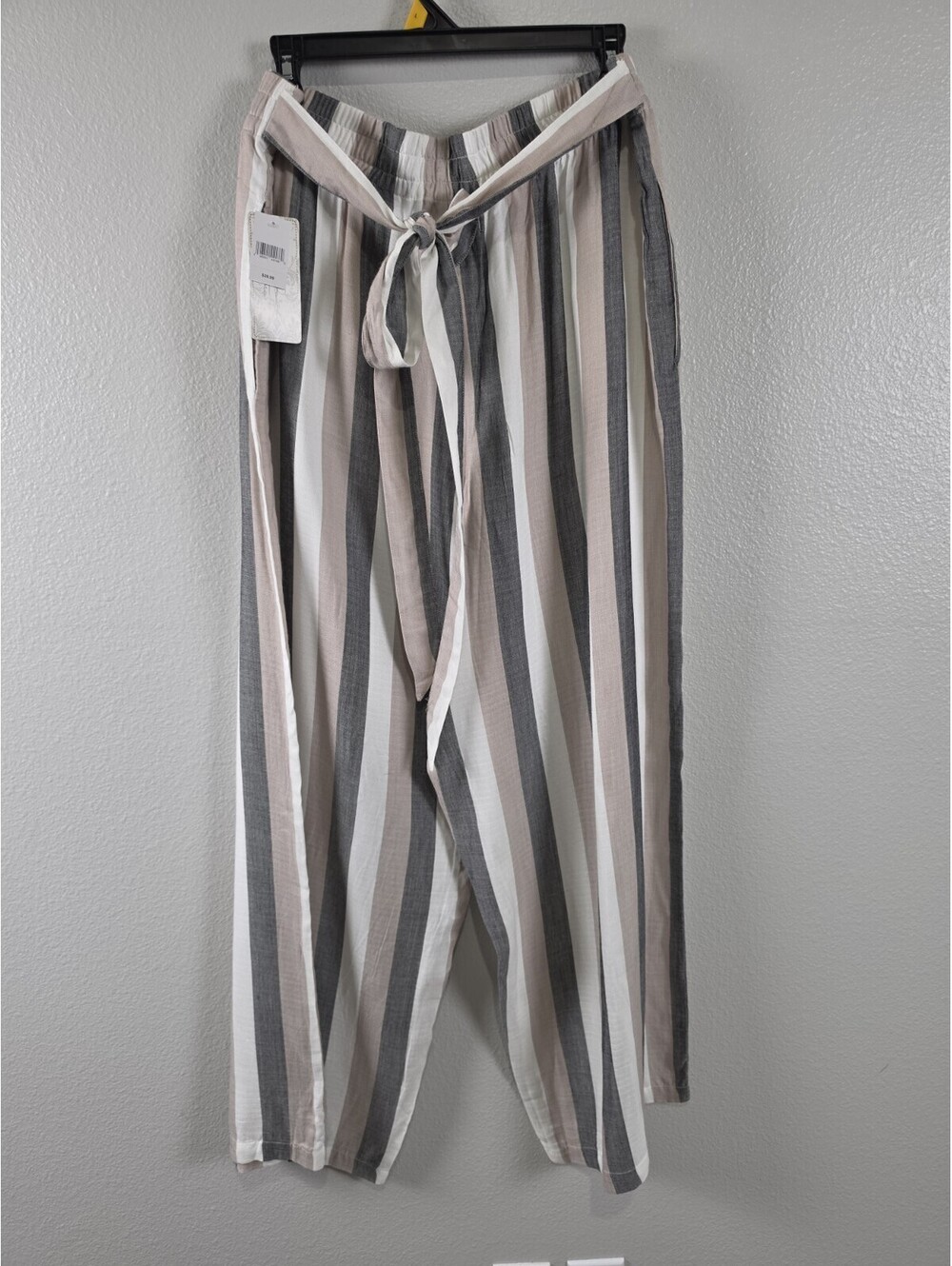Womens French Laundy Striped Flowy Pants XL Wide Leg Elastic Waist With Tie Belt